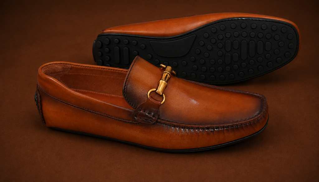 Rear view of Hinojosa Horsebit Golf Loafer showing heel detail